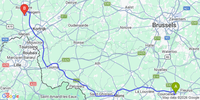 Map: Charleroi Airport Brussels South (CRL) to Halluin
