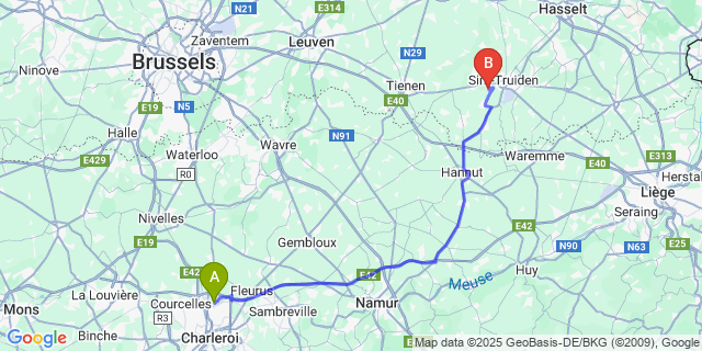 Map: Charleroi Airport Brussels South (CRL) to Halmaal