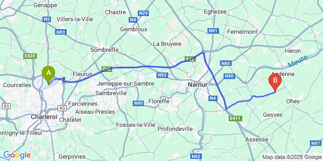 Map: Charleroi Airport Brussels South (CRL) to Haltinne