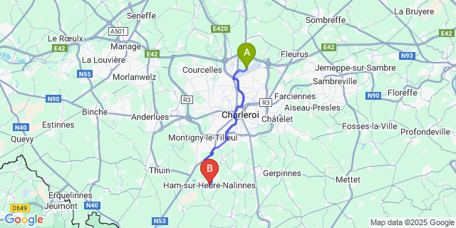 Map: Charleroi Airport Brussels South (CRL) to Ham-Sur-Heure
