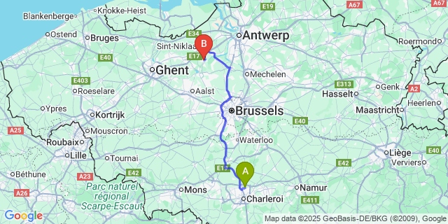 Map: Charleroi Airport Brussels South (CRL) to Hamme
