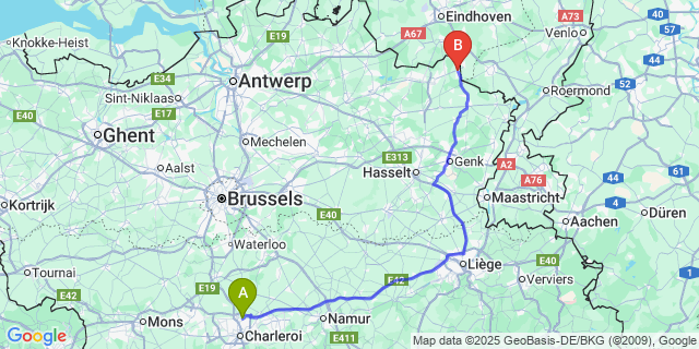 Map: Charleroi Airport Brussels South (CRL) to Hamont
