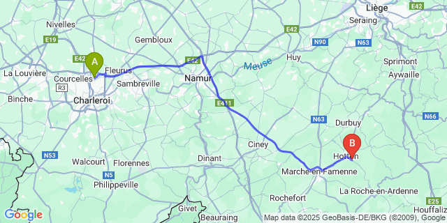 Map: Charleroi Airport Brussels South (CRL) to Hampteau