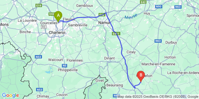 Map: Charleroi Airport Brussels South (CRL) to Han-sur-Lesse