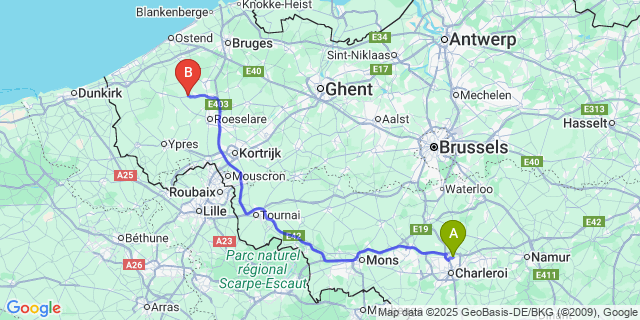 Map: Charleroi Airport Brussels South (CRL) to Handzame