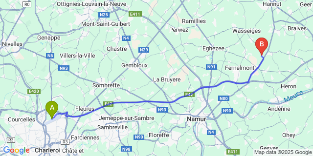 Map: Charleroi Airport Brussels South (CRL) to Hann?che