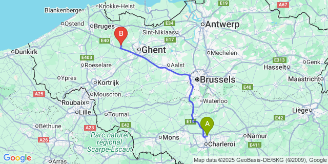 Map: Charleroi Airport Brussels South (CRL) to Hansbeke