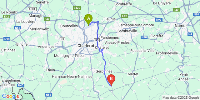 Map: Charleroi Airport Brussels South (CRL) to Hanzinelle