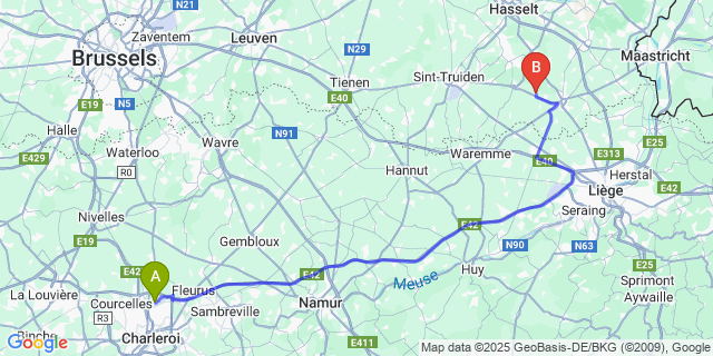 Map: Charleroi Airport Brussels South (CRL) to Haren (Tongeren)