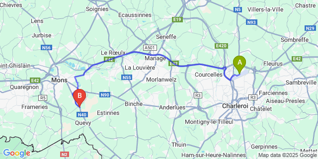 Map: Charleroi Airport Brussels South (CRL) to Harmignies