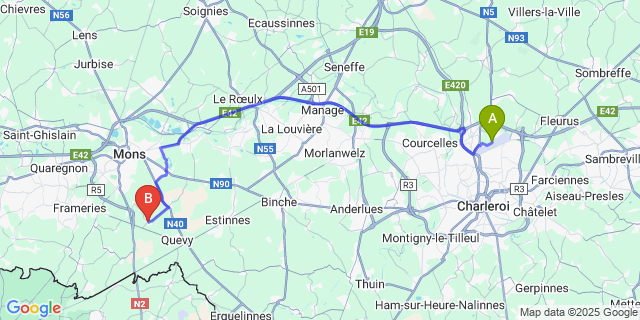 Map: Charleroi Airport Brussels South (CRL) to Harveng