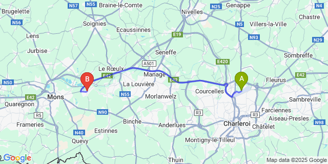 Map: Charleroi Airport Brussels South (CRL) to Havré