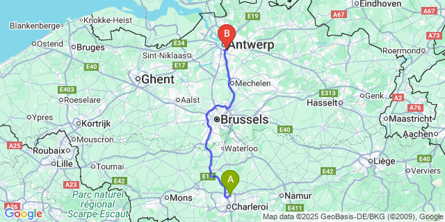 Map: Charleroi Airport Brussels South (CRL) to Hein
