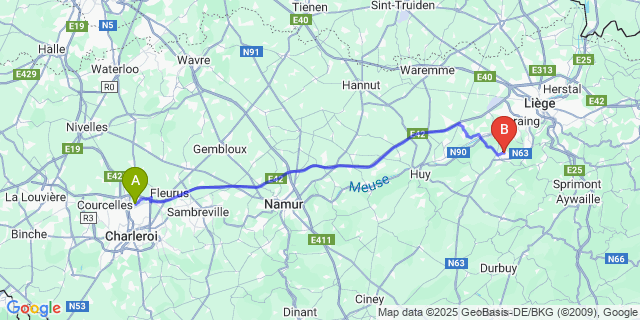 Map: Charleroi Airport Brussels South (CRL) to hein (Neupré)