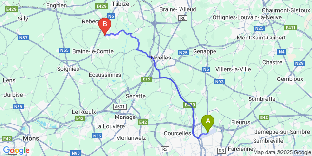 Map: Charleroi Airport Brussels South (CRL) to Hennuy?res