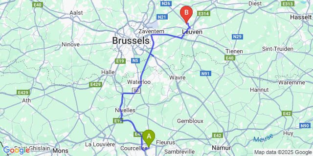 Map: Charleroi Airport Brussels South (CRL) to Herent