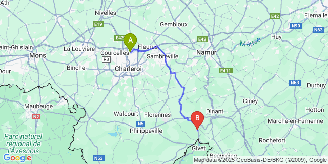 Map: Charleroi Airport Brussels South (CRL) to Hermeton-Sur-Meuse