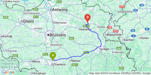 Map: Charleroi Airport Brussels South (CRL) to Heusden (Limburg)
