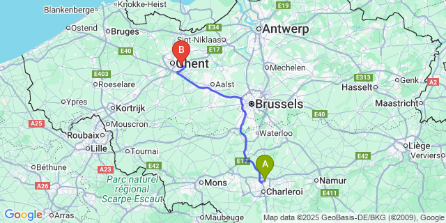 Map: Charleroi Airport Brussels South (CRL) to Heusden (Oost-Vlaanderen)