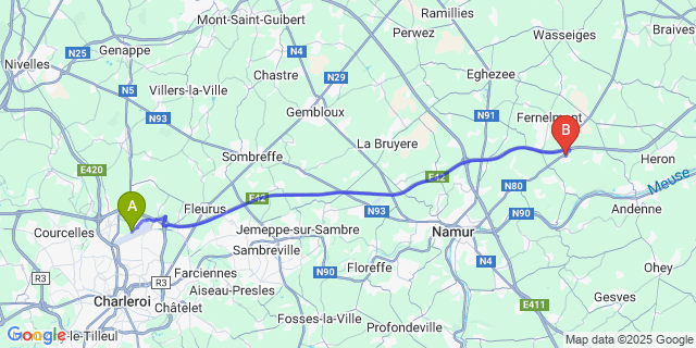 Map: Charleroi Airport Brussels South (CRL) to Hingeon