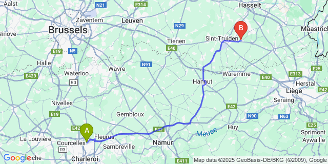 Map: Charleroi Airport Brussels South (CRL) to Hoepertingen