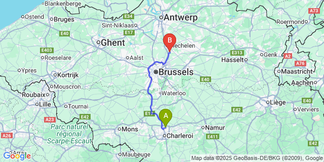 Map: Charleroi Airport Brussels South (CRL) to Hofstade (Bt.)