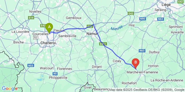 Map: Charleroi Airport Brussels South (CRL) to Hogne