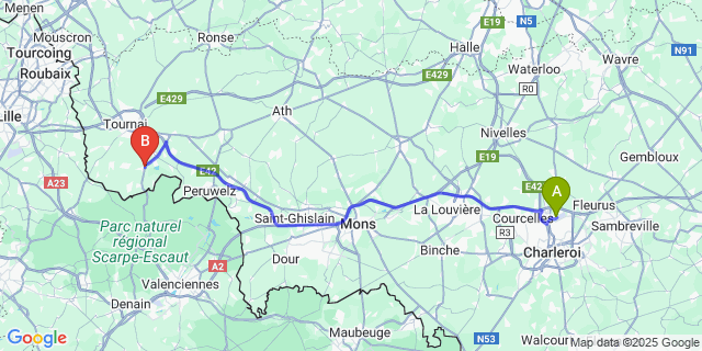 Map: Charleroi Airport Brussels South (CRL) to Hollain