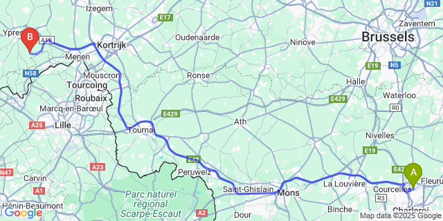 Map: Charleroi Airport Brussels South (CRL) to Hollebeke