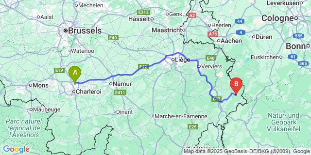 Map: Charleroi Airport Brussels South (CRL) to Honsfeld