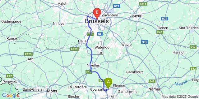 Map: Charleroi Airport Brussels South (CRL) to Hotel Cafe, Brussels