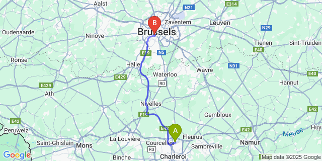 Map: Charleroi Airport Brussels South (CRL) to Hotel Galia, Brussels
