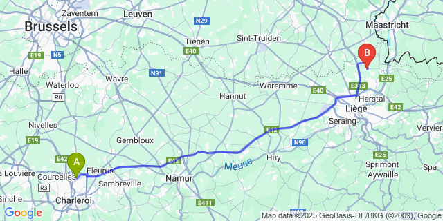Map: Charleroi Airport Brussels South (CRL) to Houtain-Saint-Siméon