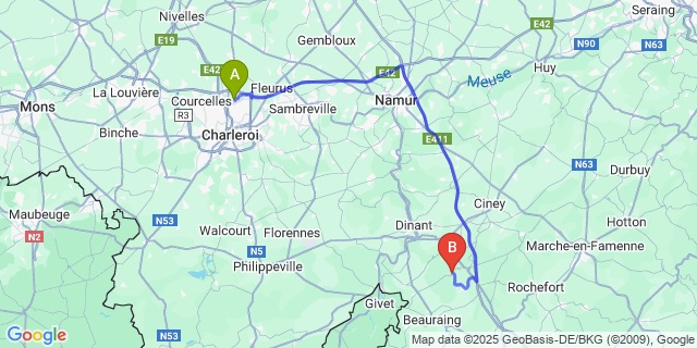 Map: Charleroi Airport Brussels South (CRL) to Houyet