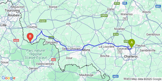 Map: Charleroi Airport Brussels South (CRL) to Howardries