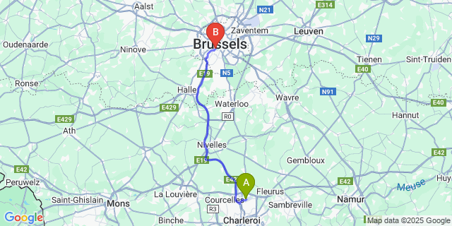 Map: Charleroi Airport Brussels South (CRL) to ibis Brussels Centre Gare Midi