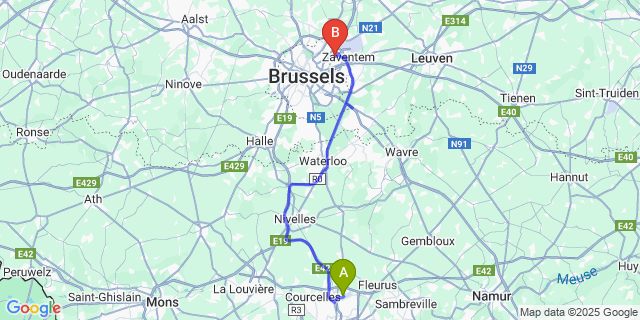 Map: Charleroi Airport Brussels South (CRL) to ibis budget Brussels Airport