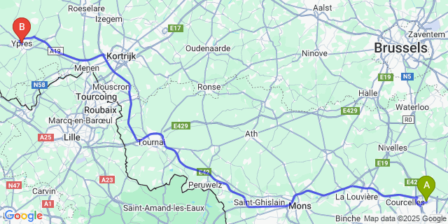 Map: Charleroi Airport Brussels South (CRL) to Ieper