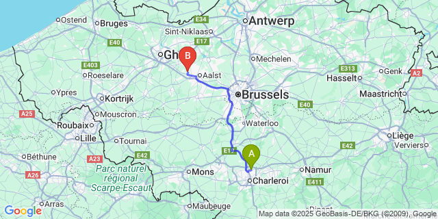 Map: Charleroi Airport Brussels South (CRL) to Impe