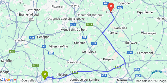 Map: Charleroi Airport Brussels South (CRL) to Incourt