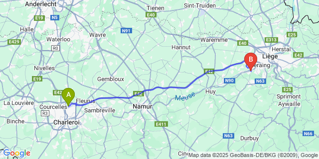 Map: Charleroi Airport Brussels South (CRL) to Ivoz-Ramet