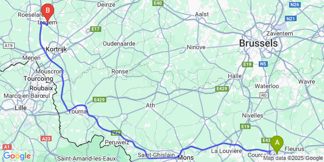 Map: Charleroi Airport Brussels South (CRL) to Izegem