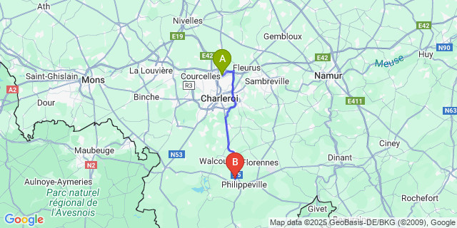 Map: Charleroi Airport Brussels South (CRL) to Jamiolle