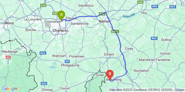 Map: Charleroi Airport Brussels South (CRL) to Javingue