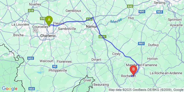 Map: Charleroi Airport Brussels South (CRL) to Jemelle