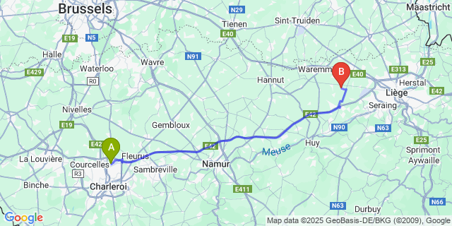 Map: Charleroi Airport Brussels South (CRL) to Jeneffe (En Condroz)