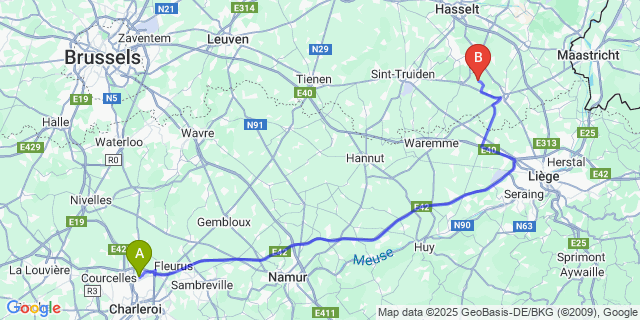 Map: Charleroi Airport Brussels South (CRL) to Jesseren