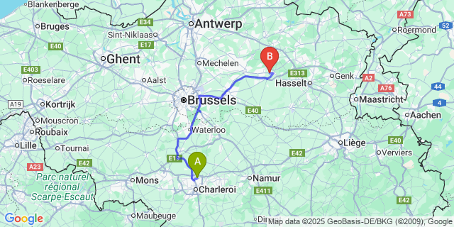 Map: Charleroi Airport Brussels South (CRL) to Kaggevinne
