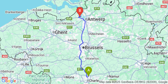 Map: Charleroi Airport Brussels South (CRL) to Kallo