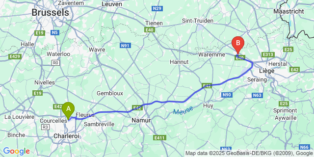 Map: Charleroi Airport Brussels South (CRL) to Kemexhe